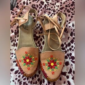 Embroidered Tan Leather Women's Sandals